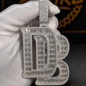 Custom DB Initial Pendant, Baguette Moissanite Diamond, Unisex Hip Hop Jewelry