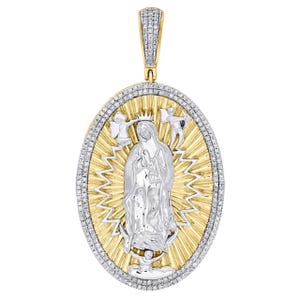 Virgin Mary Pendant Moissanite Diamonds Oval Religious Medallion Charm 10K Yellow Gold Mother Mary Necklace Cherub Pendant for Men & Women