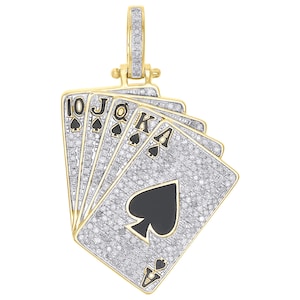 Colgante de carta de póker Royal Flush, collar de picas con diamantes en oro de 10 quilates, estilo hip hop, joyería estilo Las Vegas, regalo para hombre.
