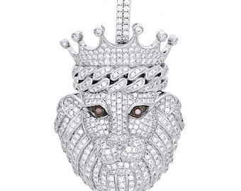 Löwengesicht König Krone Anhänger 3,1 Ct Moissanit Löwe Anhänger Moissanit Löwenkopf Anhänger 14K Weißgold Finish Löwengesicht Hip Hop Anhänger
