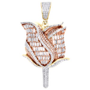 Rose Flower Pendant 1.8 CT Round & Baguette Diamond Birthday Gift for Women Iced Out Jewelry 925 Sterling Silver Flower Rose Hip Hop Pendant