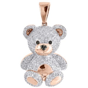 Ciondolo a forma di orsetto con diamanti in moissanite, taglio rotondo da 1,1 ct, incastonato in pavé, in oro rosa 10 carati, gioiello fatto a mano con effetto ghiaccio, regalo di anniversario