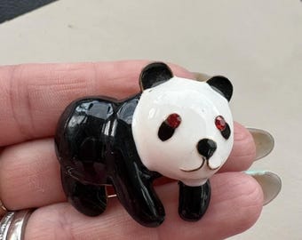 Vintage panda brooch with red crystal eyes | Enamel panda pin | Cute vintage animal brooch | Panda lover gift idea