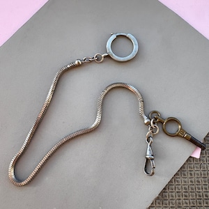 Antique French Pocket Watch Chain with Silver Tone Snake Chain and Watch Key, Victorian silver watch chain, silver tone Albert snake chain