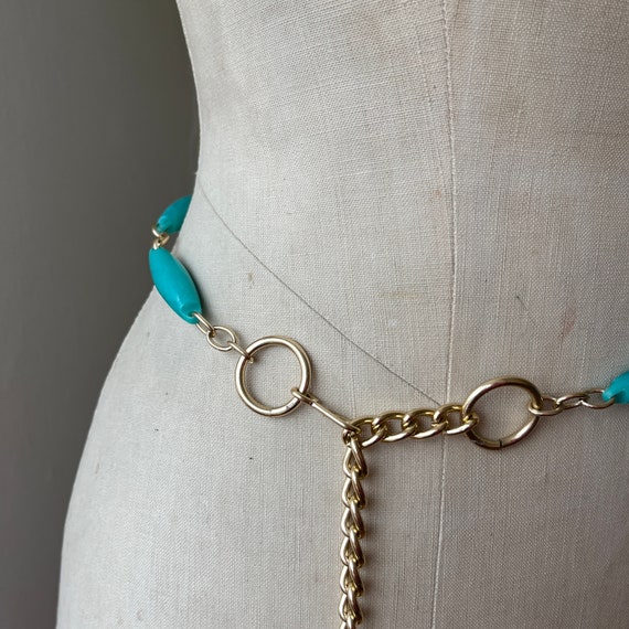 Vintage 1970s blue turquoise gold chain belt | re… - image 5