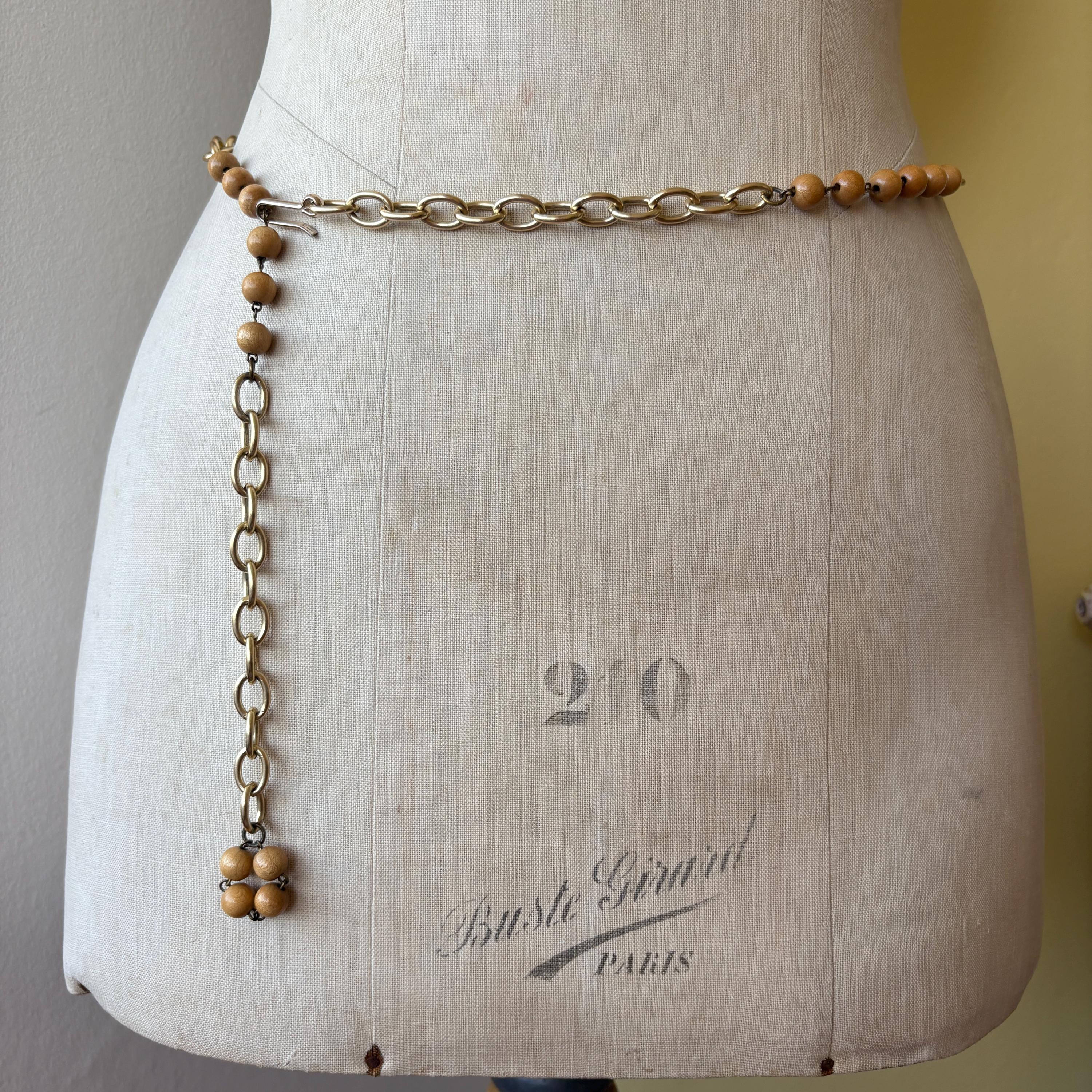 Vintage 1960s brown wooden bead and gold chain belt retro mid century chain belt long brown gold necklace multi use capsule jewellery