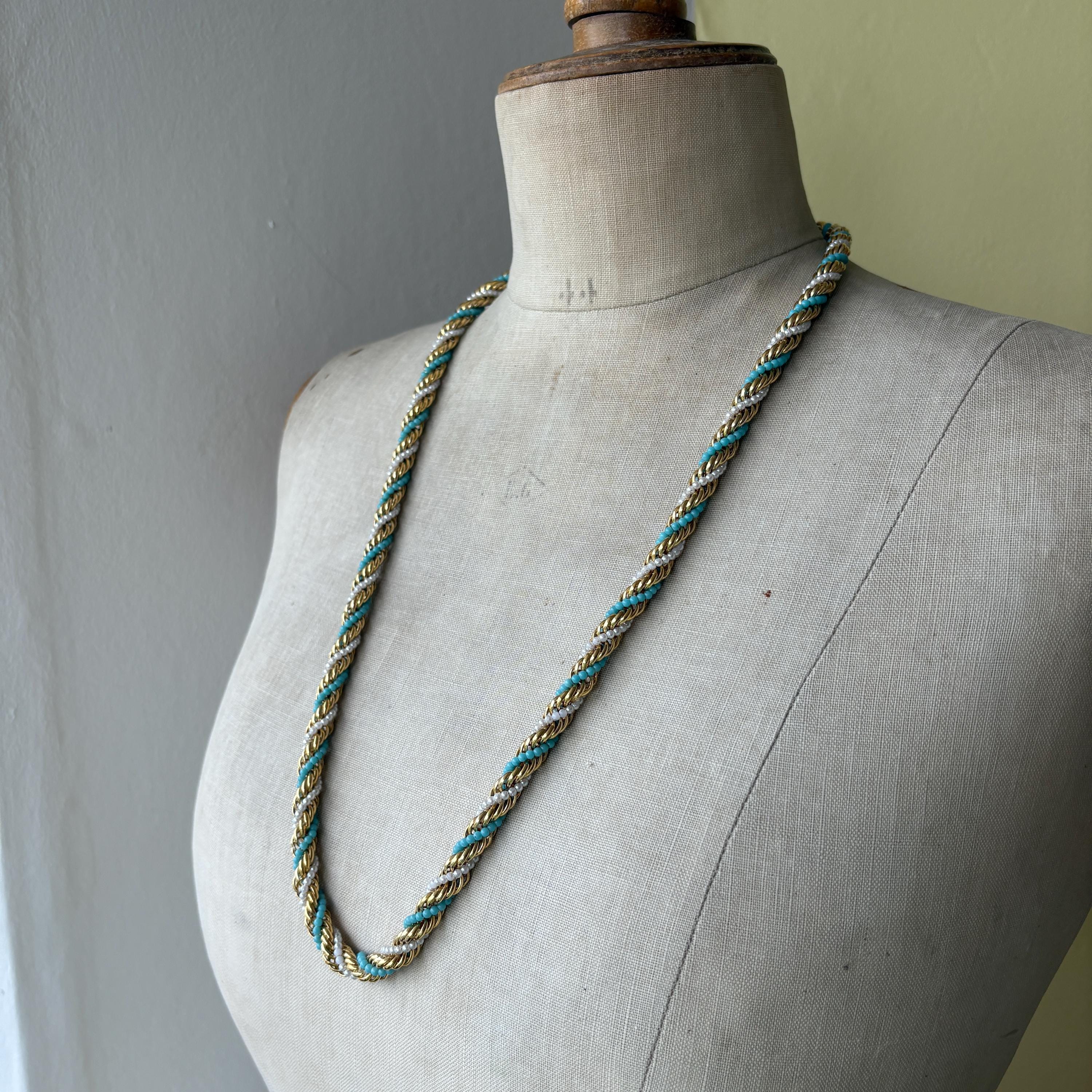 Beautiful Quality Vintage KJL Kenneth Jay Lane Long Twisted Rope Chain Necklace KJL gold and turquoise rope necklace, long gold rope chain