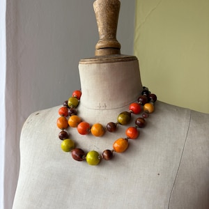 Vintage orange, green and brown wooden bead necklace | retro chunky bead necklace, Autumnal bead necklace, colourful statement necklace