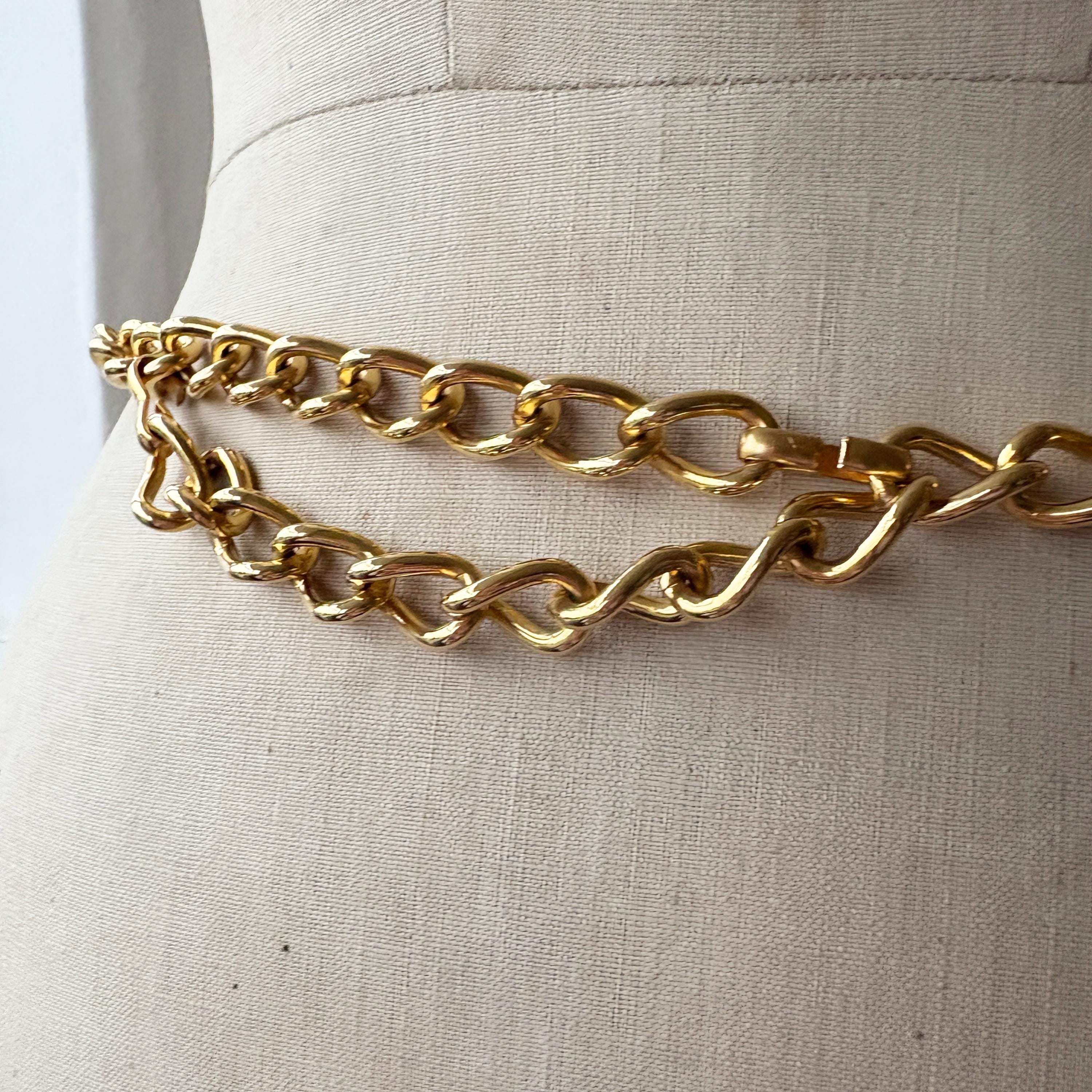 ESCADA Women’s Matt Gold Tone Rectangle Chain Link Vintage Adjustable Belt ESCADA Belt XS Black Studded Medallion Roman Stud Gold Chain  main image 4