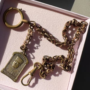 Antique Rose Gold Tone French Pocket Watch Chain with Rememberance Fob, Rare WW1 France Joffre memorial pendant fob, fancy gold Albert chain