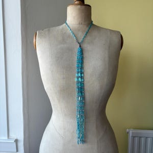 Beautiful vintage handmade shimmering turquoise beaded necklace | blue statement necklace tassel necklace long turquoise beaded necklace