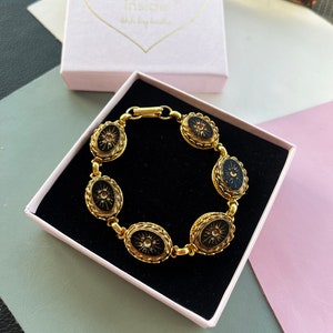 Vintage Mid Century Victorian Revival Bracelet | vintage gold plated black and gold bracelet mourning jewellery 1950s bracelet retro jewelry