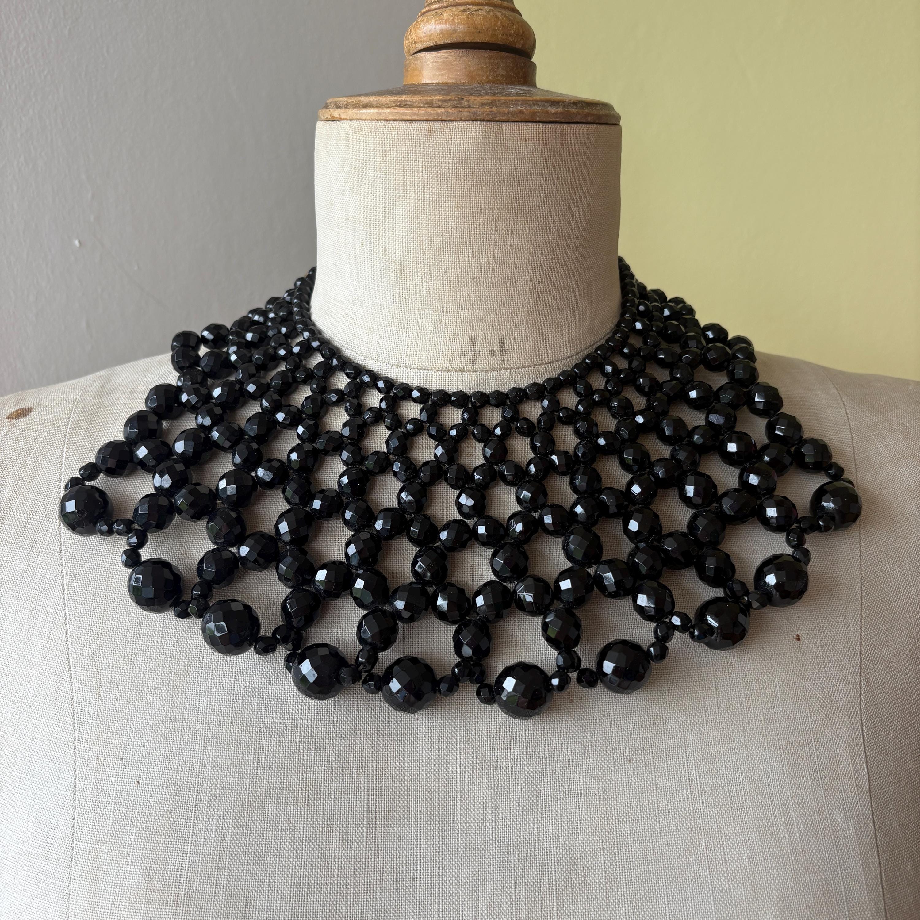 Super Stunning Vintage Onyx Black Beaded Statement Necklace Victorian style necklace, black bead collar necklace, black bead bib necklace