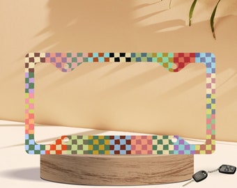 Multicolored Checkered License Plate Frame - Colorful Checkerboard Aesthetic Car Tag Frame - Retro Y2K Vehicle Frame - Green Blue Pink Chic