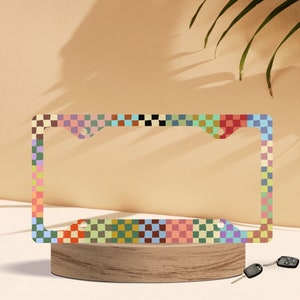 Multicolored Checkered License Plate Frame - Colorful Checkerboard Aesthetic Car Tag Frame - Retro Y2K Vehicle Frame - Green Blue Pink Chic
