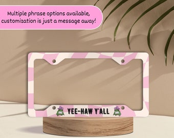 Cowboy Frog License Plate Frame - Cute Pink Purple Frog Car Tag Frame - Howdy Pardner Western Retro Truck Tag, Yee-haw Y'all, Southern Frog