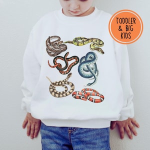 May include: White sweatshirt with a colorful snake print design. The text "Toddler & Big Kids" is printed on the top right corner of the sweatshirt.