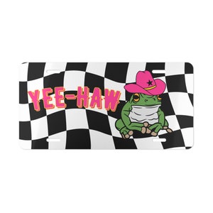 Yee-Haw Cowboy Frog Pink Hat Front License Plate - Retro Frog Lover Gift - Country Western Amphibian Deco Cute Frog Car Truck Tag Green Frog