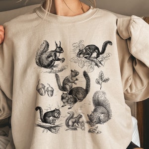 Vintage Style Sketch Squirrels Crewneck Sweatshirt, Flying Squirrel Shirt, Squirrel Drawings, Winter Squirrel Pullover