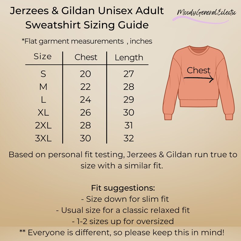 May include: A chart showing unisex adult sweatshirt sizing guide for Jerzees & Gildan brands. The chart shows sizes from S to 3XL with corresponding chest and length measurements in inches. The chart also includes a diagram of a sweatshirt with the chest measurement highlighted.
