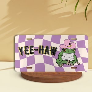 Funny Front License Plate, Groovy Cute Howdy Cowboy Frog, Funky Western Frog Gift, Country Toads Take Me Home, Cowgirl Gifts, Purple Check
