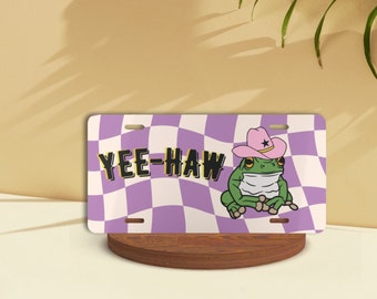 Funny Front License Plate, Groovy Cute Howdy Cowboy Frog, Funky Western Frog Gift, Country Toads Take Me Home, Cowgirl Gifts, Purple Check