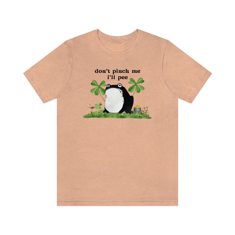 Cottagecore Frog Tee & Sweatshirt, Don't Pinch Me I'll Pee, Humorous Frog T-Shirt St Patrick's Day Aesthetic, Luck of the Irish Frog Gold Heather Peach