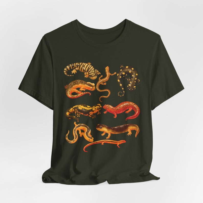 All Salamanders T-Shirt, Cottagecore Clothing, Watercolor Cute Salamander, Cozy Amphibian Shirt, Exotic Animal Lover Gift, Tiger Salamander Dark Olive