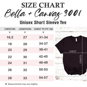 May include: Size chart for Bella + Canvas 3001 unisex short sleeve t-shirts. The chart shows sizes XS to 3XL with corresponding chest and length measurements in inches. A black t-shirt is shown to illustrate the measurements.