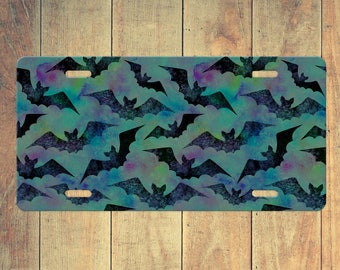 Bats License Plate - Green Purple Abstract Artsy Bats - Grunge Rainbow Colors - I just love bats - Goth Car accessories Spooky All Season