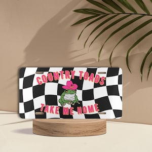 Front License Plate Country Toads Cowboy Frog, Pink Checkered Front License Plates, Frog Car Accessories, Country Girl Frog Lover Gifts