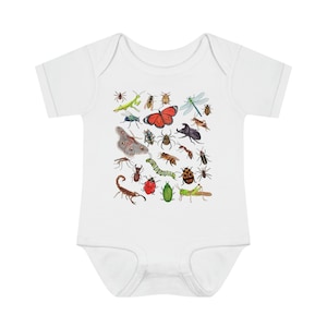 May include: White baby onesie featuring a colourful print of various insects, including butterflies, beetles, and ants.