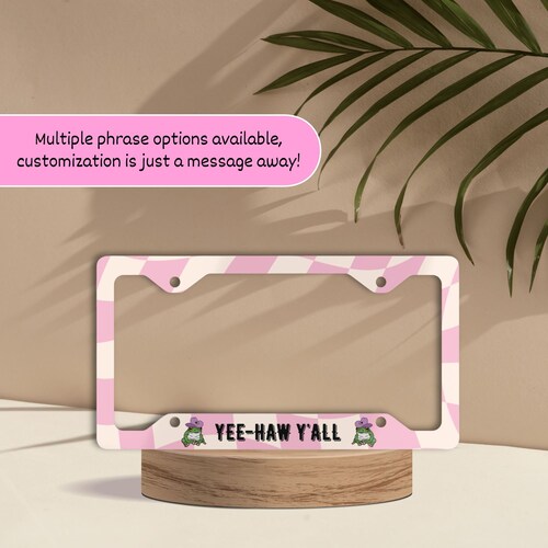 Cowboy Frog License Plate Frame - Cute Pink Purple Frog Car Tag Frame - Howdy Pardner Western Retro Truck Tag, Yee-haw Y'all, Southern Frog