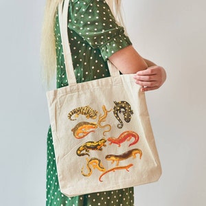 Salamanders Canvas Tote Bag, Cottagecore Aesthetic Gift, Tote Bag for Salamander Lovers
