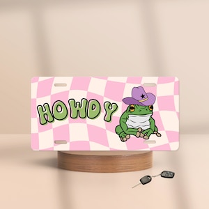 Howdy Cowboy Frog Front License Plate -  Retro Pink Checkered Frog Car Accessory - Cute Frog Lover New Car Present Country Western Frog