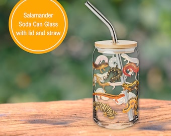 Can Shaped Soda Drinking glass with straw, Salamander Cups, Spotted Salamander Glass, Tumbler Gift, Salamander Cottagecore Artsy Decor