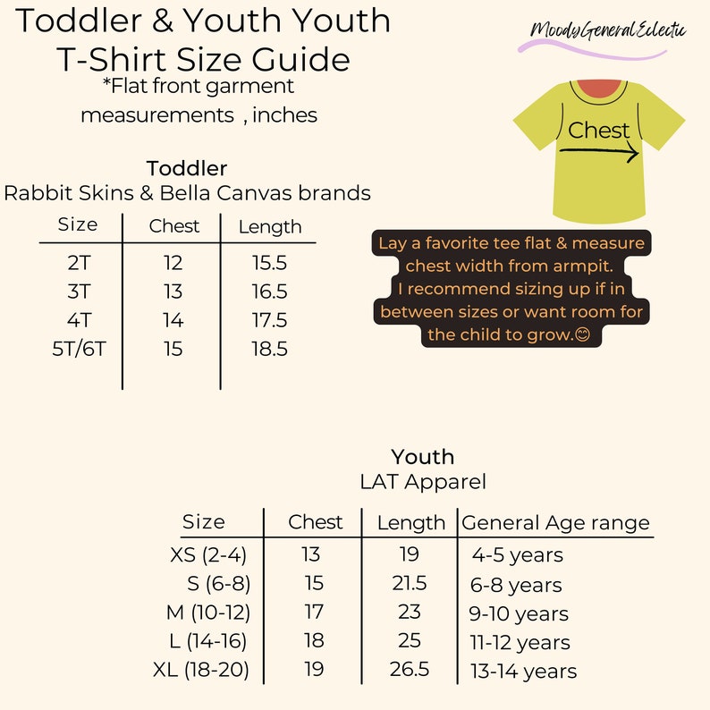 K&ouml;nnte beinhalten: Eine Tabelle mit Gr&ouml;&szlig;entabellen f&uuml;r T-Shirts f&uuml;r Kleinkinder und Jugendliche. Die Tabelle enth&auml;lt die Gr&ouml;&szlig;e, den Brustumfang in Zoll, die L&auml;nge in Zoll und die Altersgruppe. Die Tabelle ist mit "Toddler & Youth Youth T-Shirt Size Guide" betitelt.