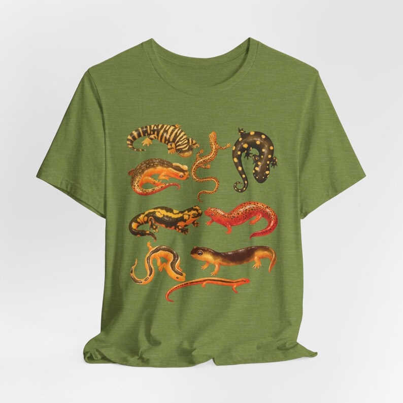All Salamanders T-Shirt, Cottagecore Clothing, Watercolor Cute Salamander, Cozy Amphibian Shirt, Exotic Animal Lover Gift, Tiger Salamander Heather Green