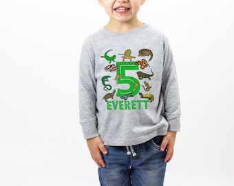 Camisa de cumpleaños personalizada, camisa de manga larga para fiesta de reptiles para niños, bebés y jóvenes en tallas grandes, celebre a los fanáticos de los reptiles Dragón barbudo
