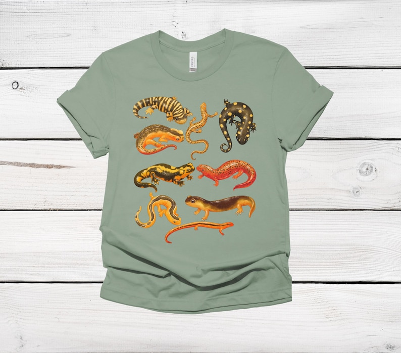 All Salamanders T-Shirt, Cottagecore Clothing, Watercolor Cute Salamander, Cozy Amphibian Shirt, Exotic Animal Lover Gift, Tiger Salamander Sage