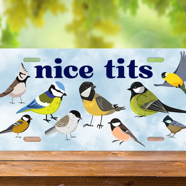 Nice Tits Bird License Plate Punny Car Gift for Bird Watchers Blue Tit Crested Tit Coal Tit Avian Humor Great Idea for Birder Lovers