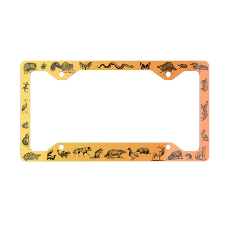 May include: A yellow and orange license plate frame with a black and white silhouette of various animals around the border. The animals include a turtle, a squirrel, a snake, a butterfly, a raccoon, a deer, a duck, a bird, a rabbit, and a fish.