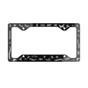 May include: Black metal license plate frame with a white outline of various insects and a butterfly.