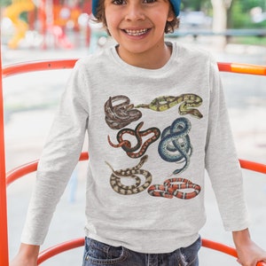 May include: A light grey long-sleeve t-shirt with a colorful illustration of five different snakes. The snakes are in various poses, including coiled, slithering, and striking.