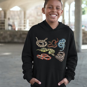 Kids Snake Hooded Sweatshirt, Cottagecore Kids Youth Sizing, Illustrated realistic snakes, great gift for snake loving kiddos girls and boys