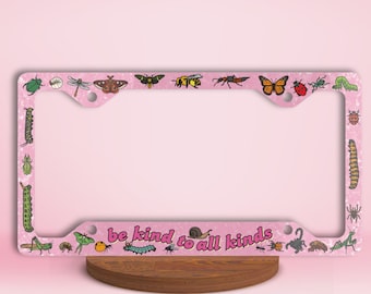 Pink License Plate Frame, Entomology Car Accessories, Insect Bug Lover Friends Kindness To All Creatures Birthday Gift Idea, Colorful Bugs
