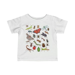 May include: White baby onesie with a colorful print of various insects, including a butterfly, ladybug, grasshopper, and scorpion.