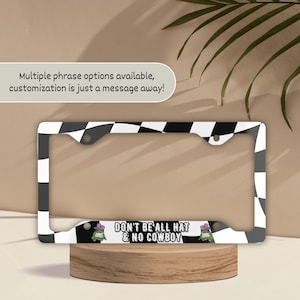 Cowboy Frog License Plate Frame, Cute Black White Check Frog Car Tag Frame, Howdy Pardner Western Retro Trucks, Yee-haw Y&#39;all, Southern Frog