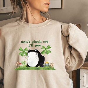 May include: A beige sweatshirt with a graphic of a black frog with the text "don't pinch me I'll pee" and green shamrocks.