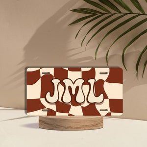 Custom Front License Plate Retro Check, Brown Beige Car Decor, Personalized Retro Checkered Car Truck Gift, Name Car Gift, Initial Car Tag
